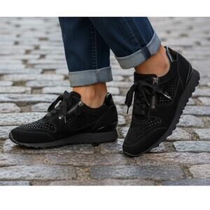 Hassia Sneakers Barcelona Black Suede Patent Leather Rhinestone Zip Lace Up 9.5